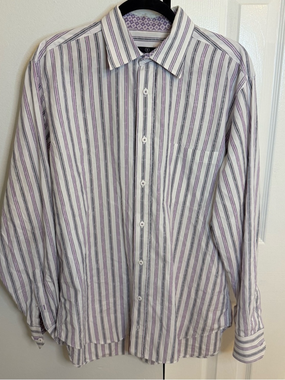 Bugatchi Uomo Men's Striped Shirt White Purple Large - Picture 3 of 3